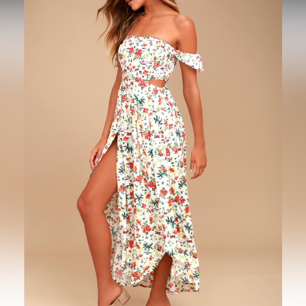 Lush Easy on the Eyes Cream Floral Print Off-the-Shoulder Maxi Dress - Medium